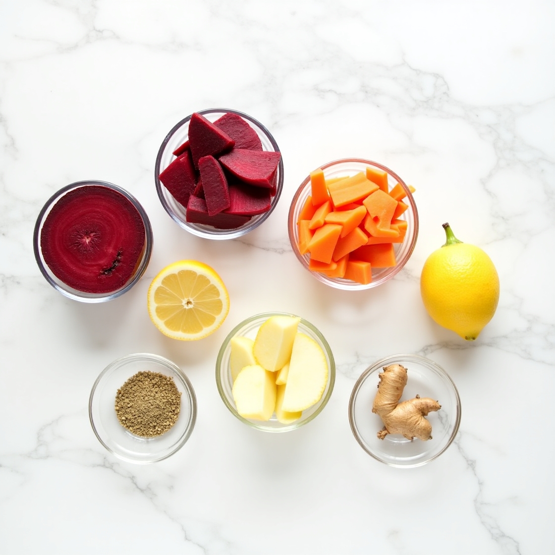 Flat lay of detox liver juice ingredients including beets, carrots, lemon, apple, ginger, and spices in glass bowls on a white marble surface.