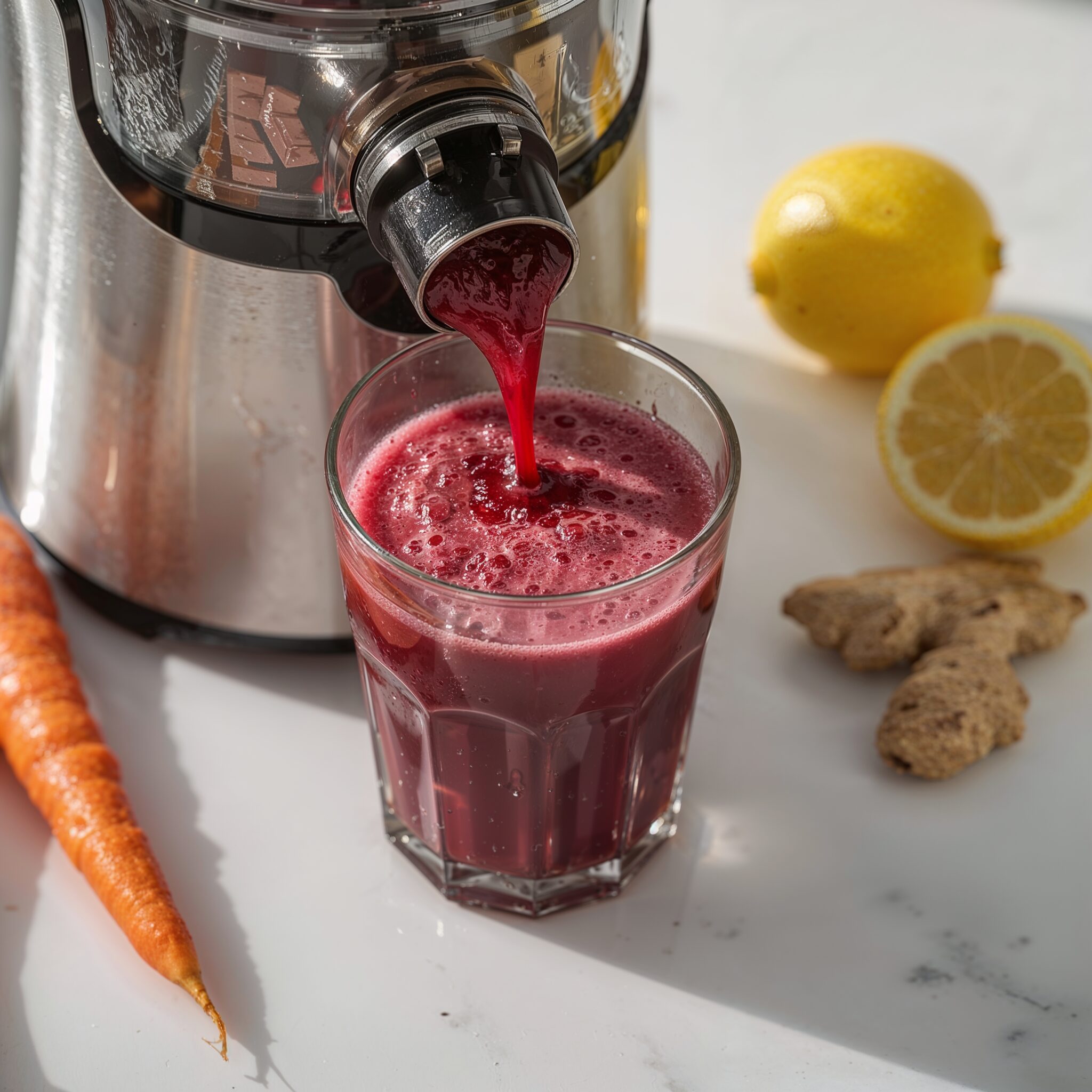 Fresh detox liver juice made from beets, carrots, apple, lemon, and ginger being extracted into a clear glass on a white marble countertop with foam on top.
