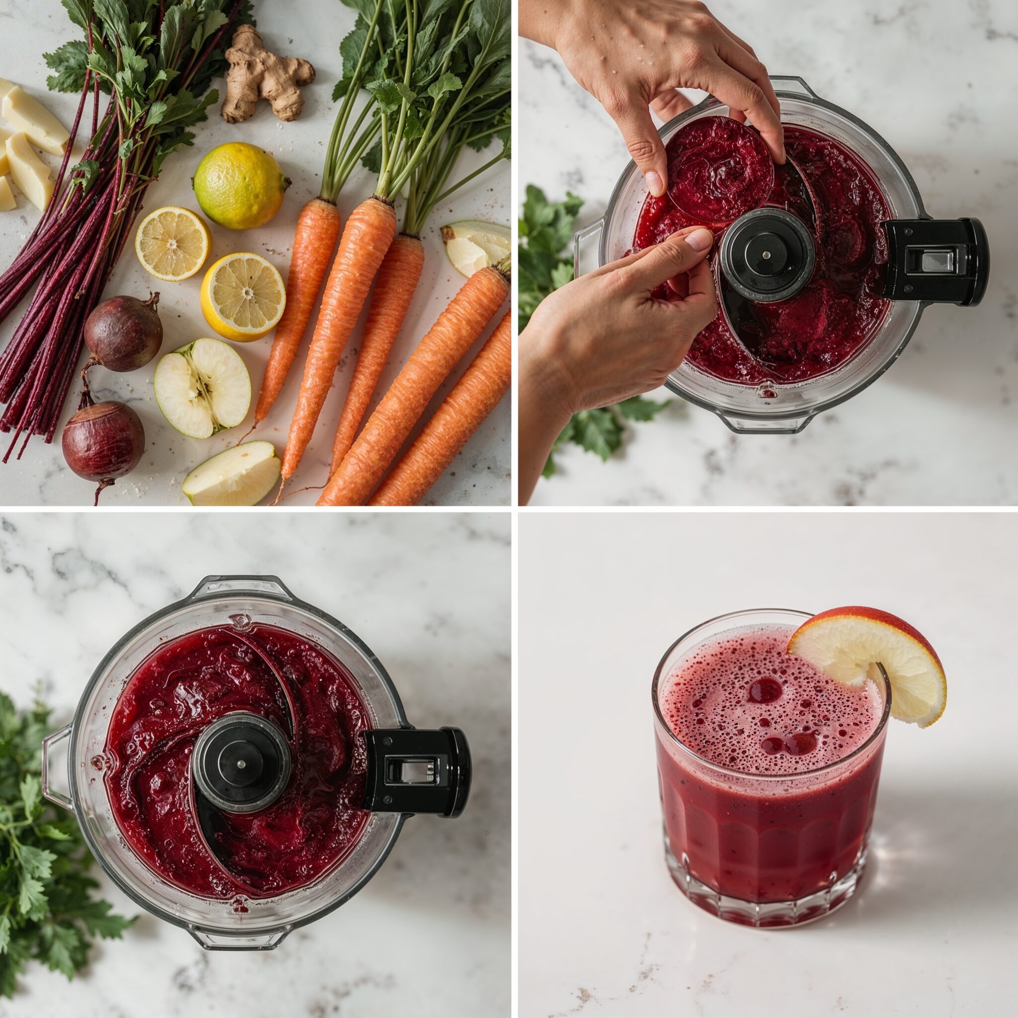 Detox liver juice preparation using fresh beets, carrots, apples, lemon, and ginger shown in a 2x2 collage on a white marble background.