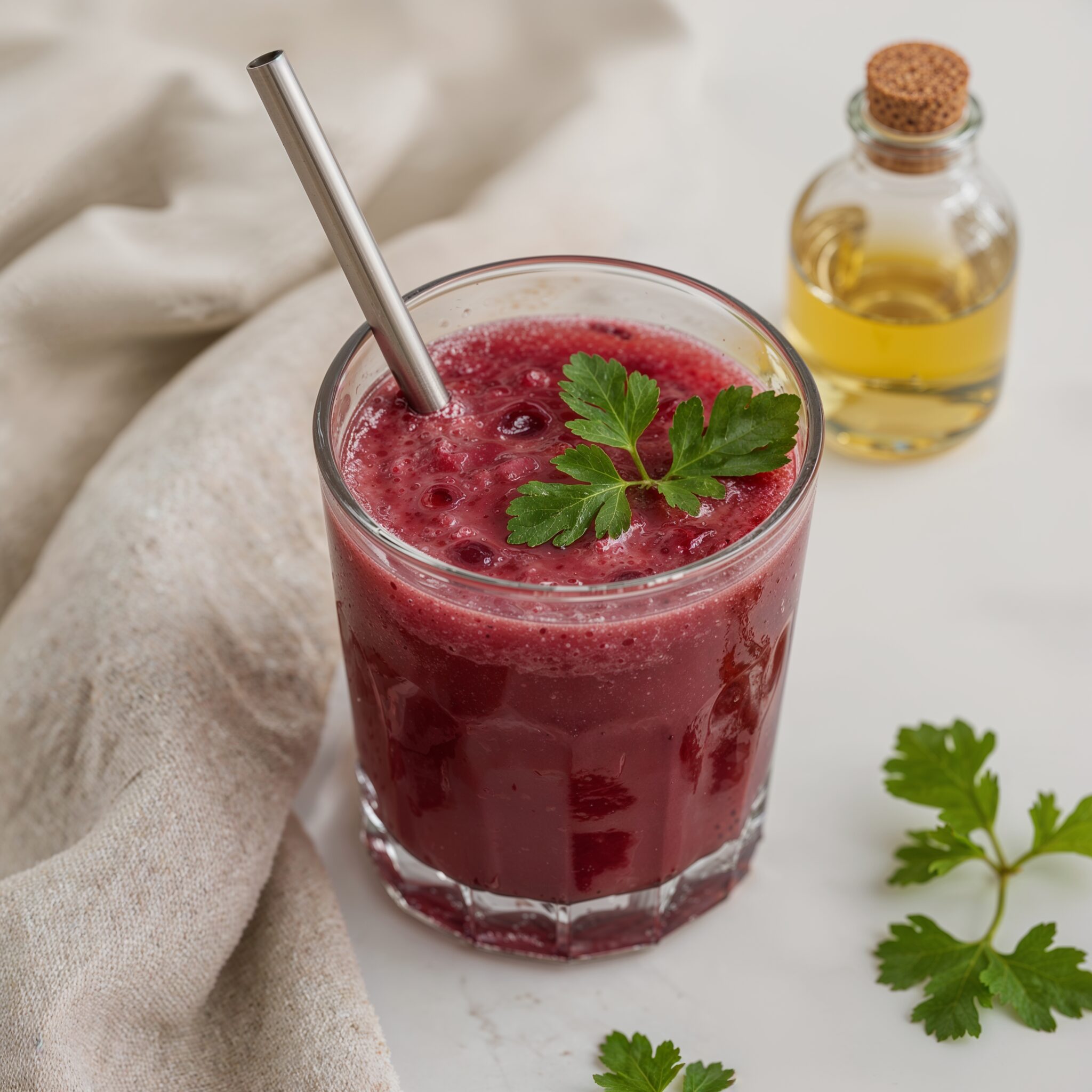 Close-up of detox liver juice made with beets, carrots, apple, lemon, and ginger, served in a glass with a stainless steel straw and parsley garnish.
