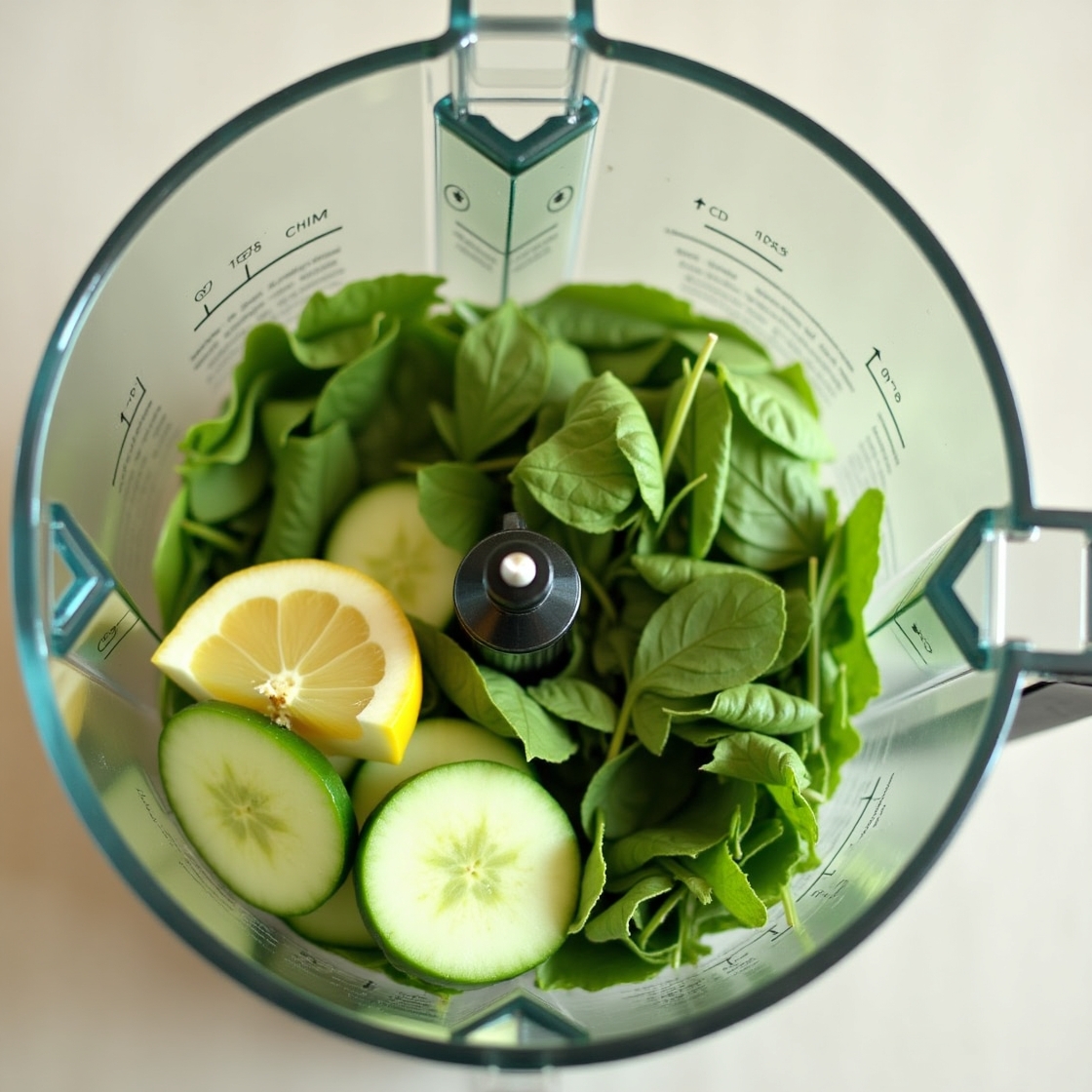Fresh spinach leaves, cucumber slices, and lemon wedge inside a blender ready to make a green drink detox juice.