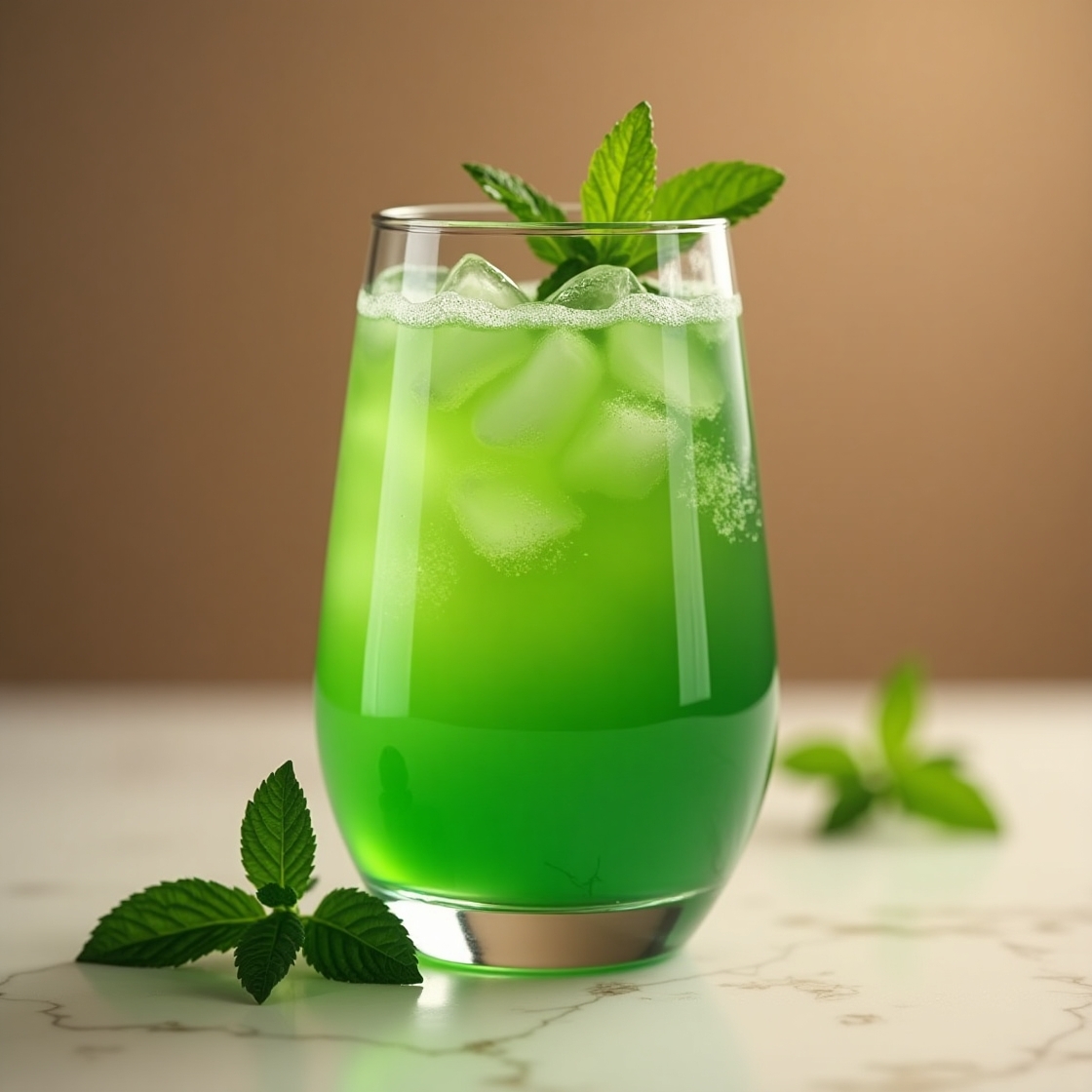 Refreshing green drink detox with ice cubes and mint leaves served in a clear glass on a white marble surface.