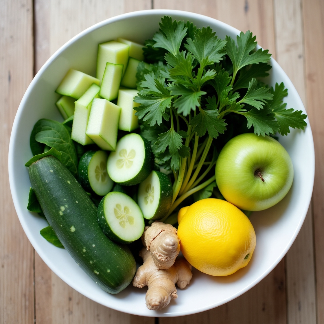 Flat lay of fresh detox juice ingredients including cucumber slices, green apple, celery sticks, mint leaves, and apple chunks in glass bowls on a white marble surface.