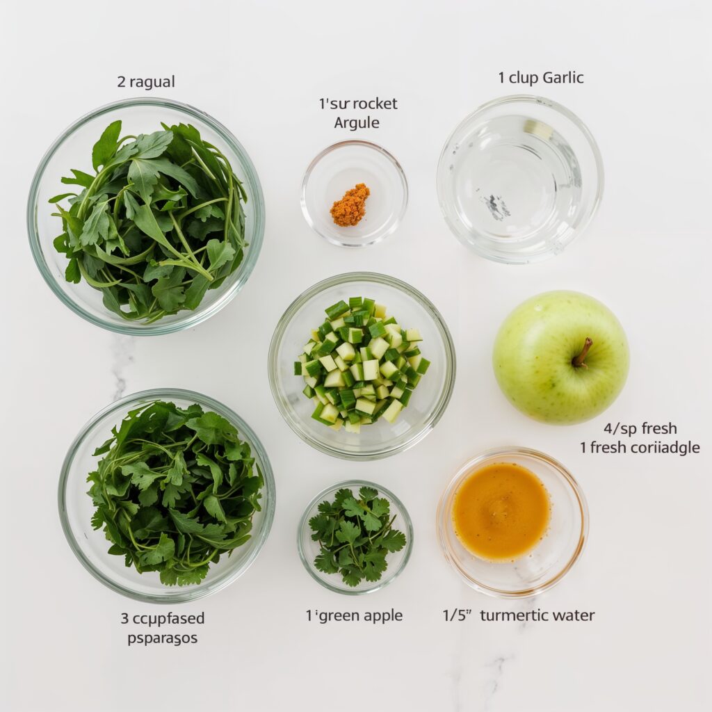 Flat lay of green apple, arugula, garlic, coriander, turmeric, cucumber, and parsley natural ingredients for a heavy metal detox juice.