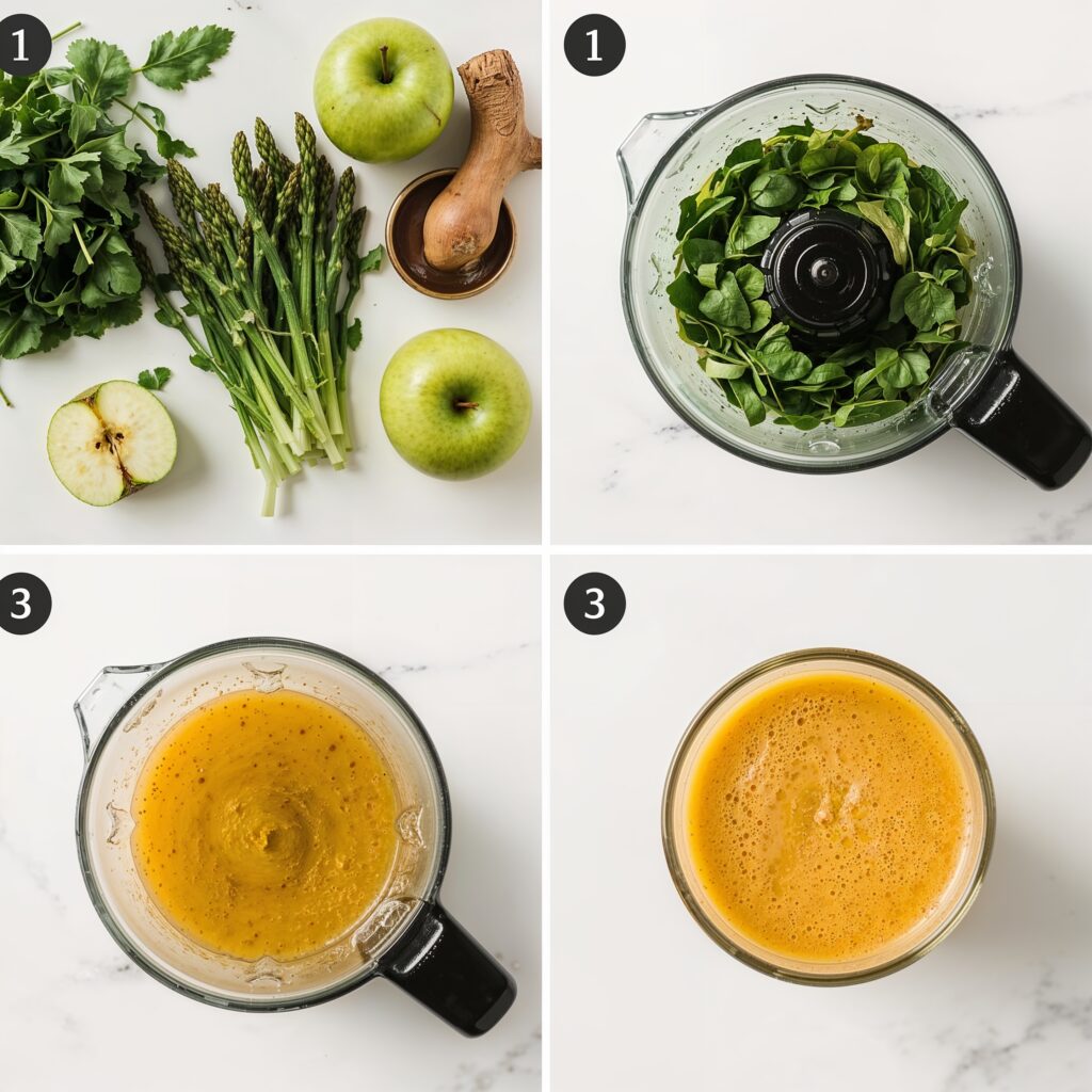 Step-by-step process of making a heavy metal detox juice with green apples, asparagus, fresh herbs, and turmeric in a blender.