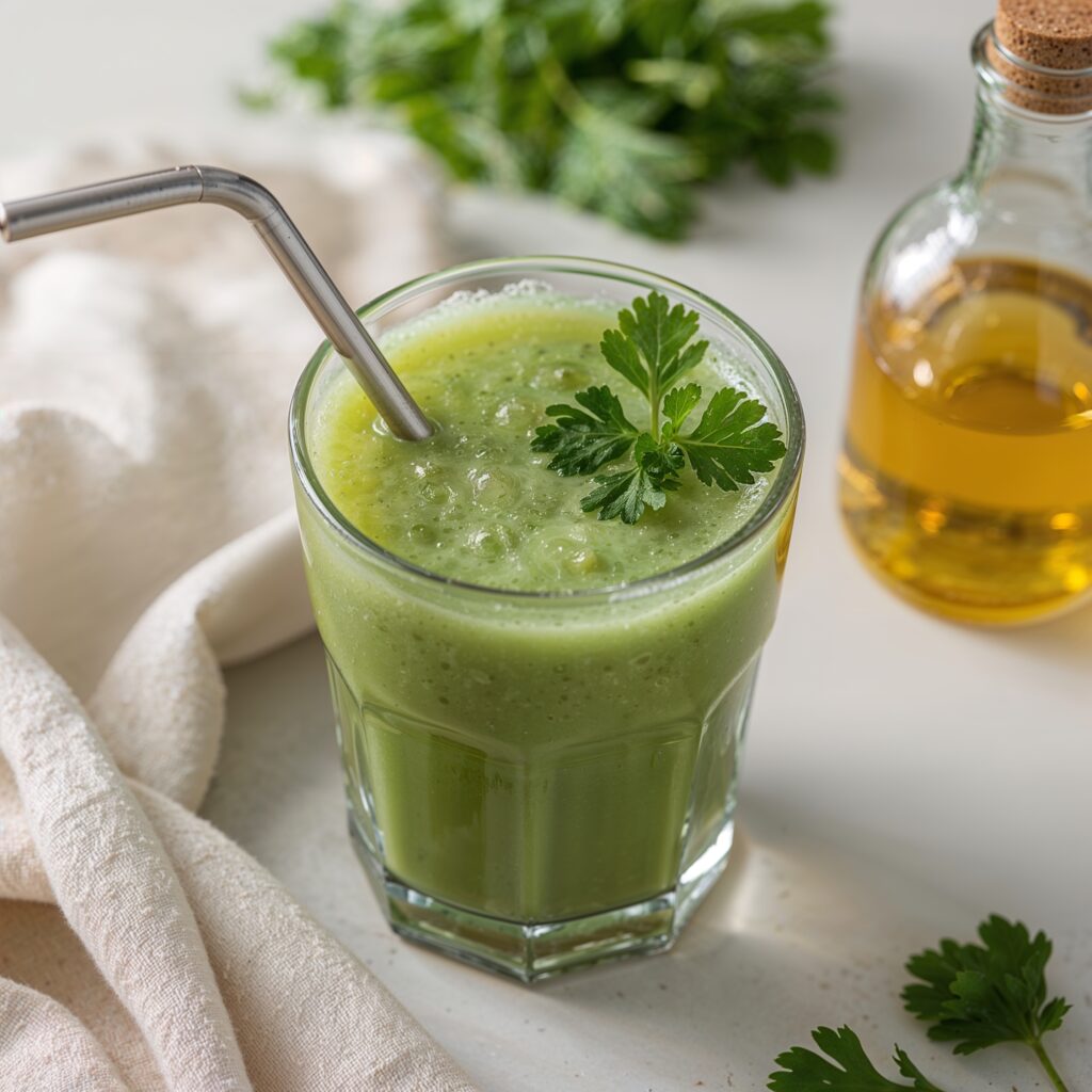 Green detox juice in a glass with a metal straw and parsley garnish—ideal for heavy metal detox naturally using fresh herbs and cold pressed ingredients.