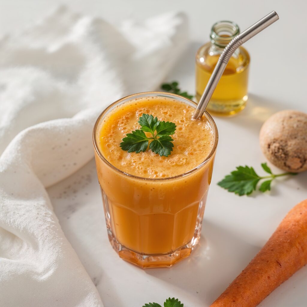 Close-up of lung-cleansing detox juice made with spinach, carrots, radish, orange, ginger, and turmeric, served in a clear glass with a stainless steel straw.