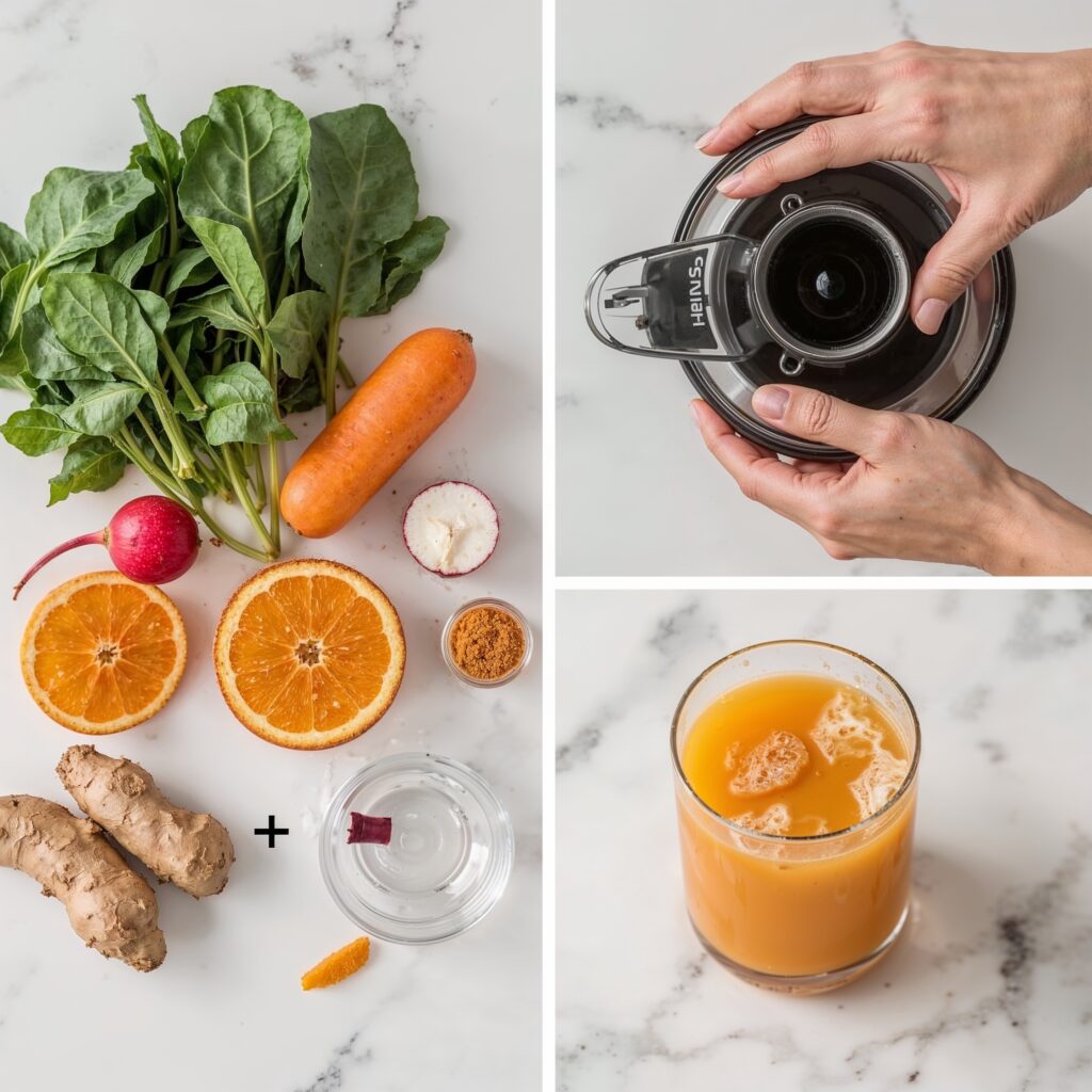 Step-by-step 2x2 collage of lung-cleansing detox juice preparation with spinach, carrots, radish, orange, ginger, and turmeric on a white marble background.