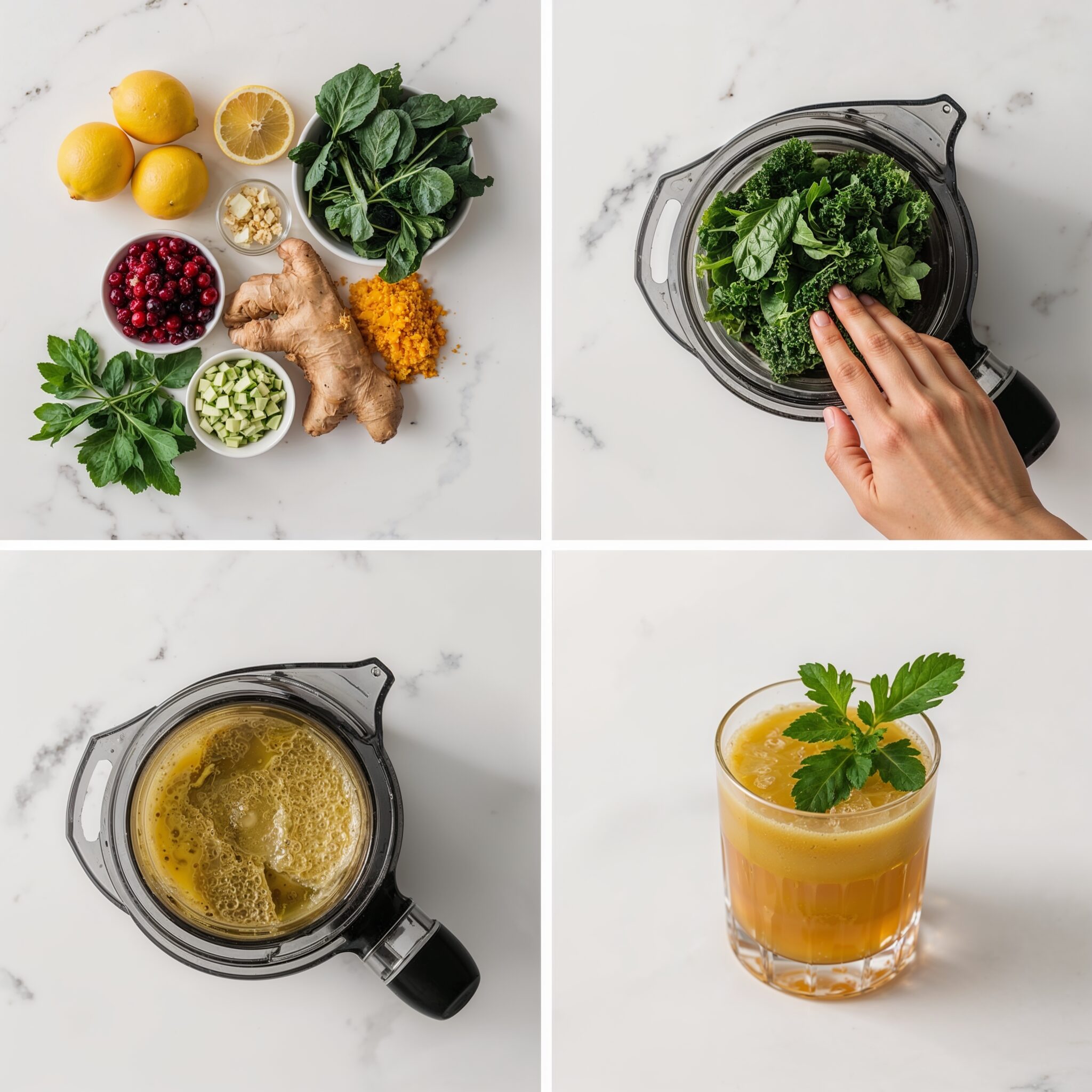 2x2 collage of detox juice preparation with lemon, cranberries, kale, ginger, turmeric, and parsley—featuring fresh ingredients, juicing process, and final glass.