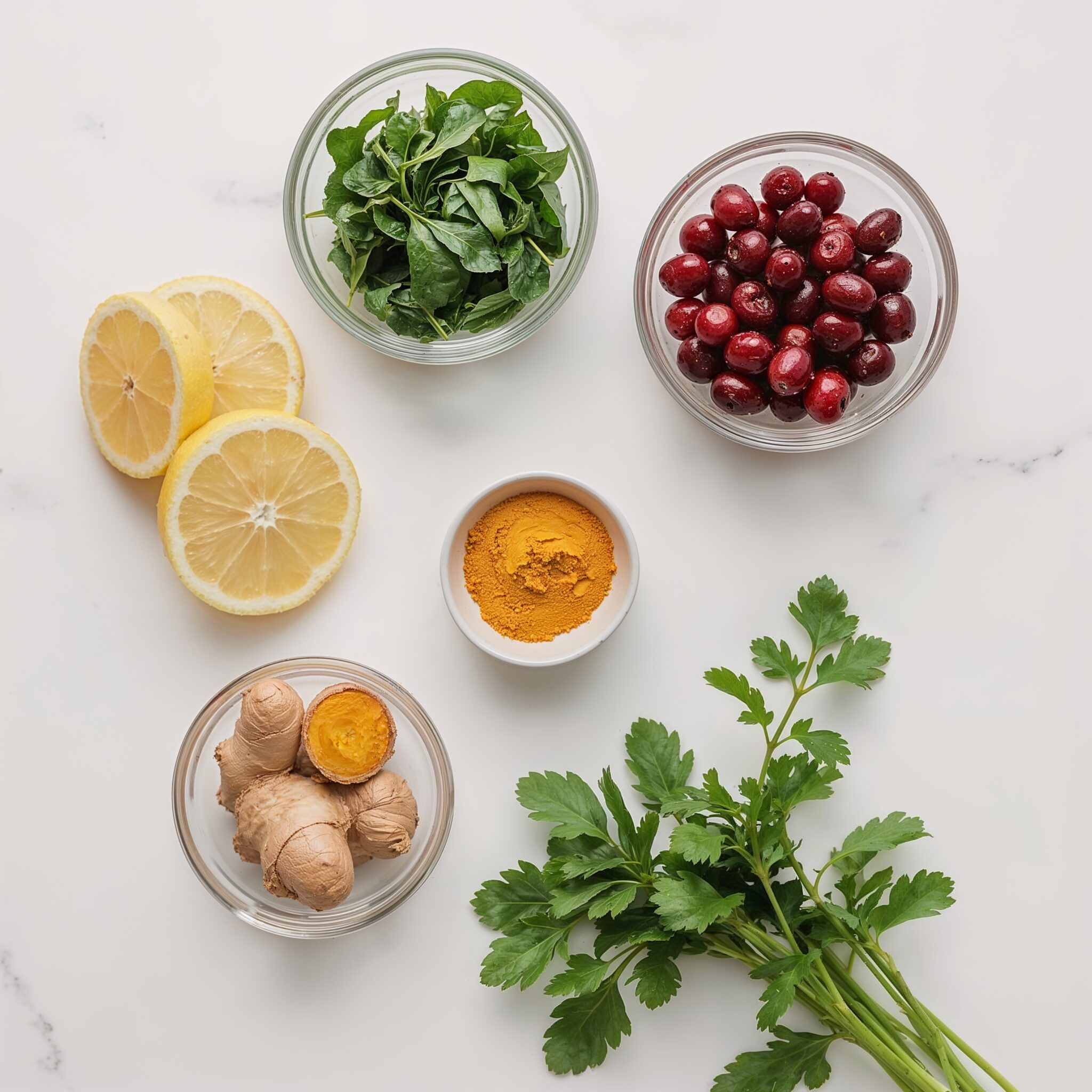 Flat lay of detox ingredients including lemon slices, cranberries, chopped kale, ginger, turmeric, and parsley arranged in glass bowls on white marble.
