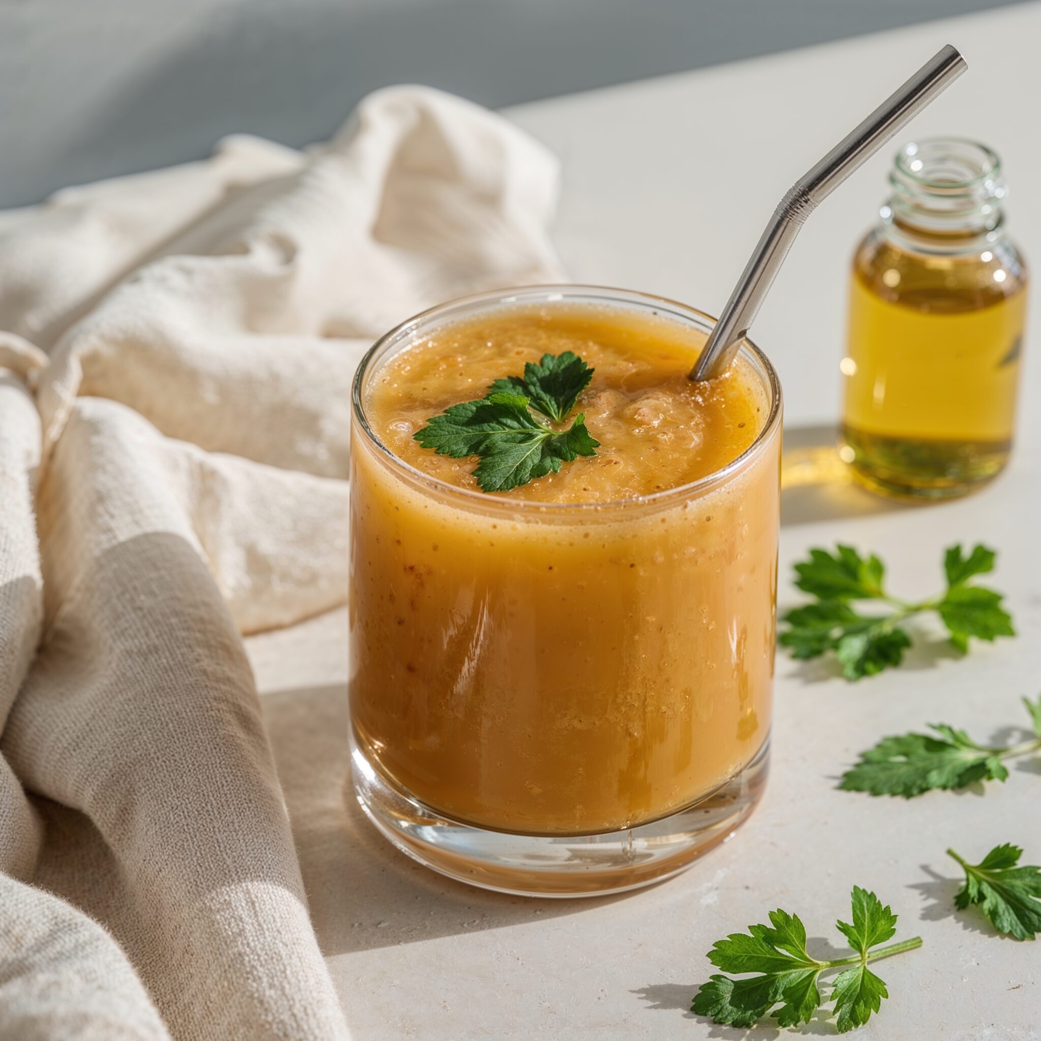 Close-up of detox juice made with lemon, cranberries, kale, ginger, turmeric, and parsley, served in a clear glass with a stainless steel straw and herb garnish.