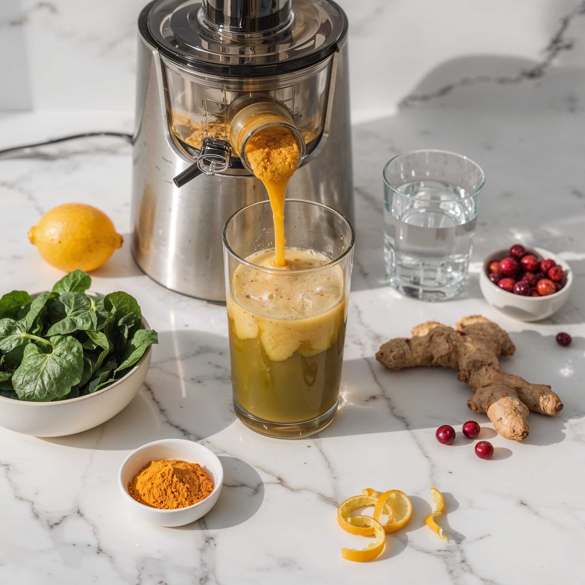 Detox juice made with spinach, kale, lemon, cranberries, ginger, turmeric, and chlorella being extracted into a clear glass on a white marble countertop.