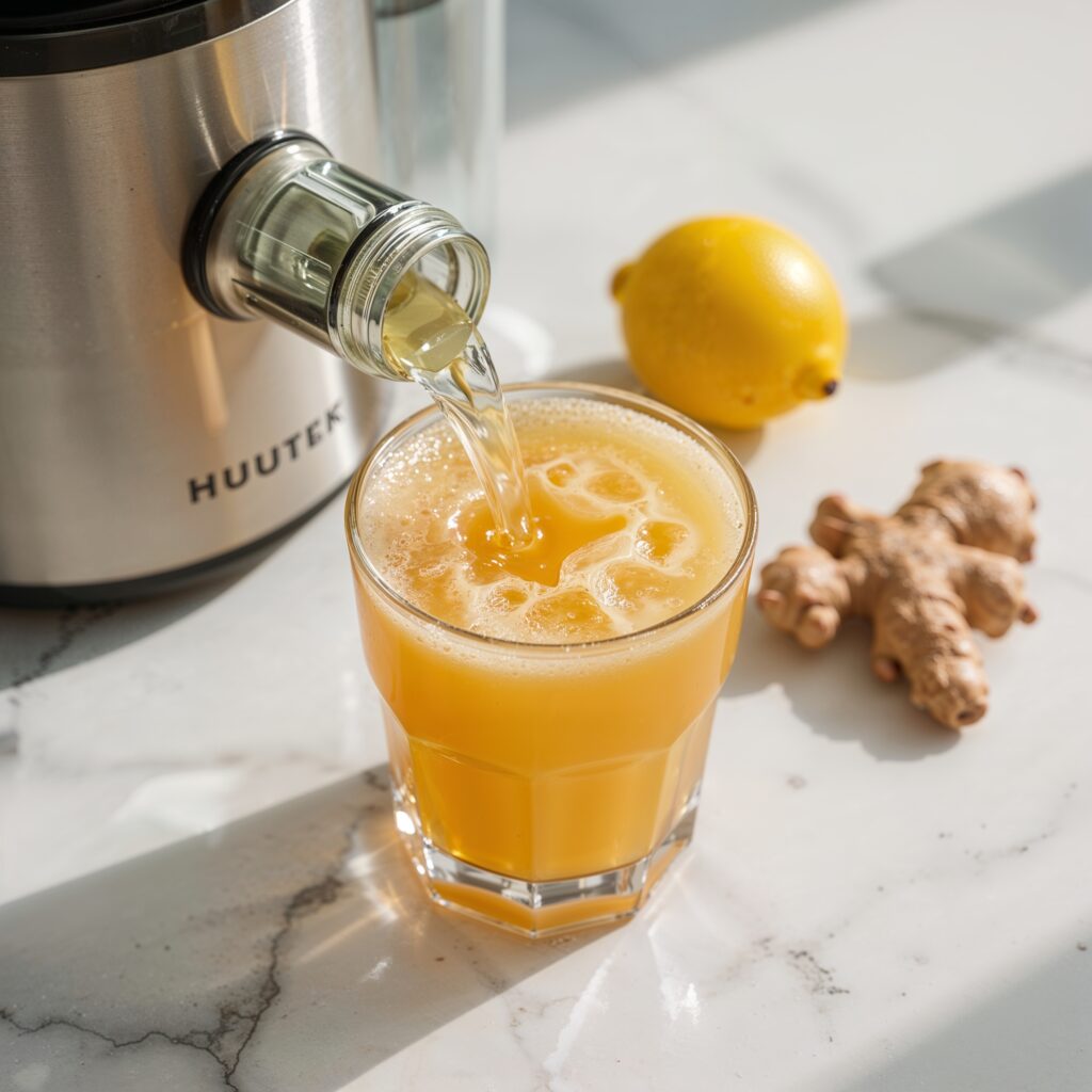 Fresh how to detow your kidney juice being poured from a juicer into a glass, with lemon and ginger on a white marble countertop.