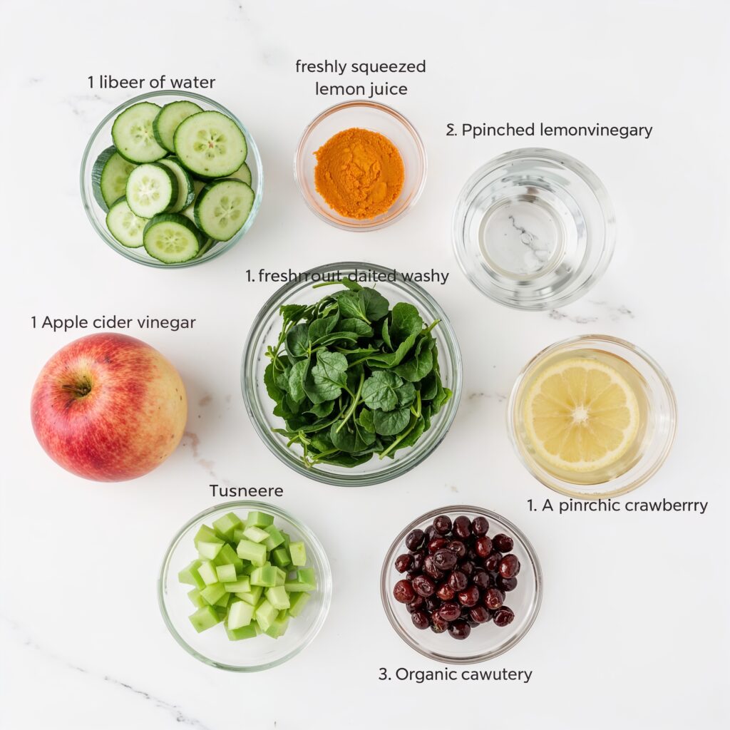 Flat lay of natural kidney detox ingredients including cucumber, lemon, apple cider vinegar, spinach, celery, cranberries, and turmeric on a white marble surface.