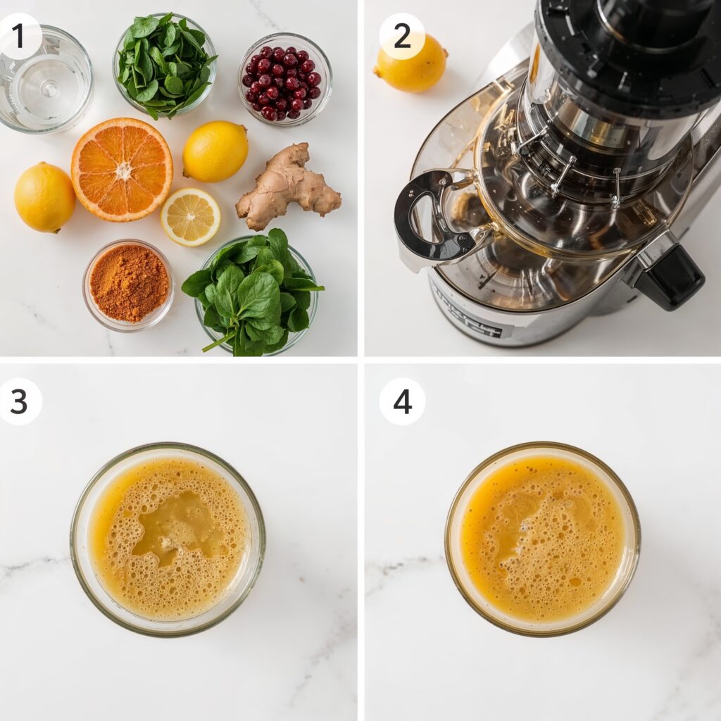 Step-by-step collage showing how to detox your kidneys juice preparation using fresh ingredients and a slow juicer, ending with a glass of golden detox juice.