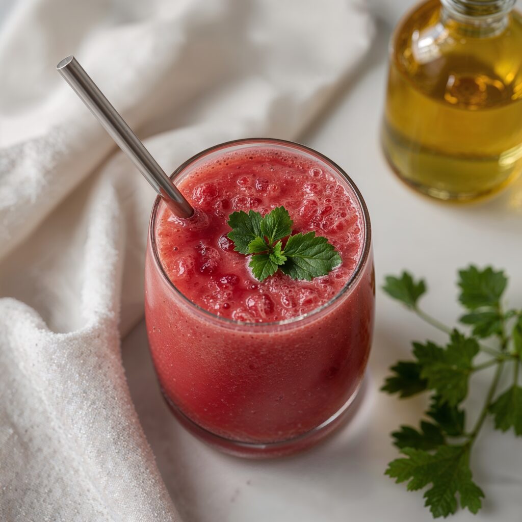 Glass of red kidney detox juice garnished with fresh herbs and served with a metal straw on a white surface.