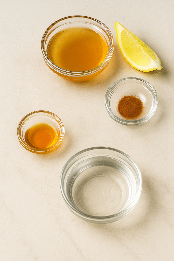 Top-down view of apple cider vinegar detox ingredients arranged in glass bowls on a white marble surface, including lemon, cayenne, honey, and water.