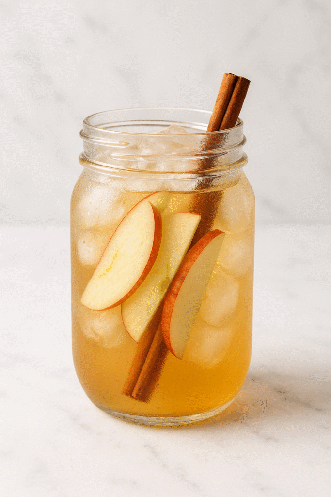 Chilled apple cider vinegar for detox drink in a mason jar with ice, apple slices, and a cinnamon stick on white marble background.