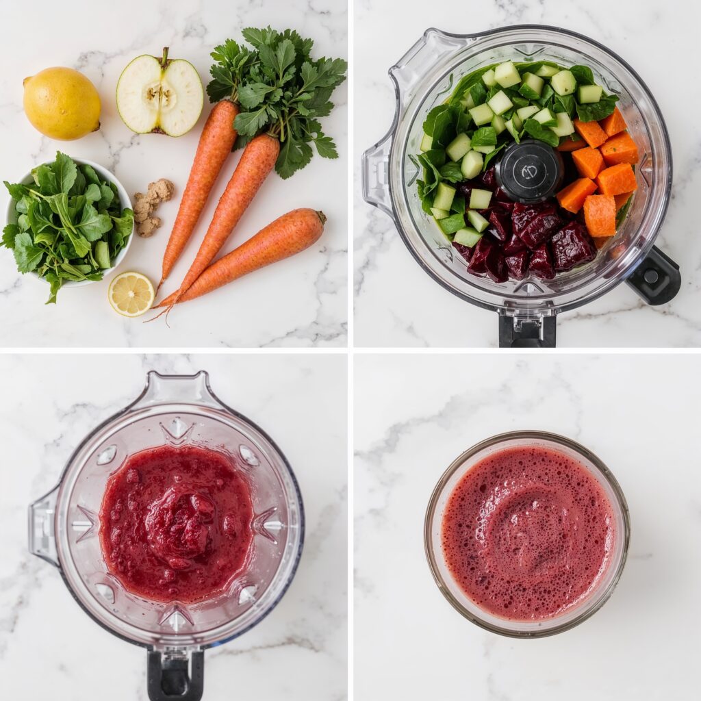 Step-by-step collage showing ingredients and preparation of a detox juice with beetroot, carrot, apple, lemon, cucumber, and greens ideal for supporting Librium alcohol detox.