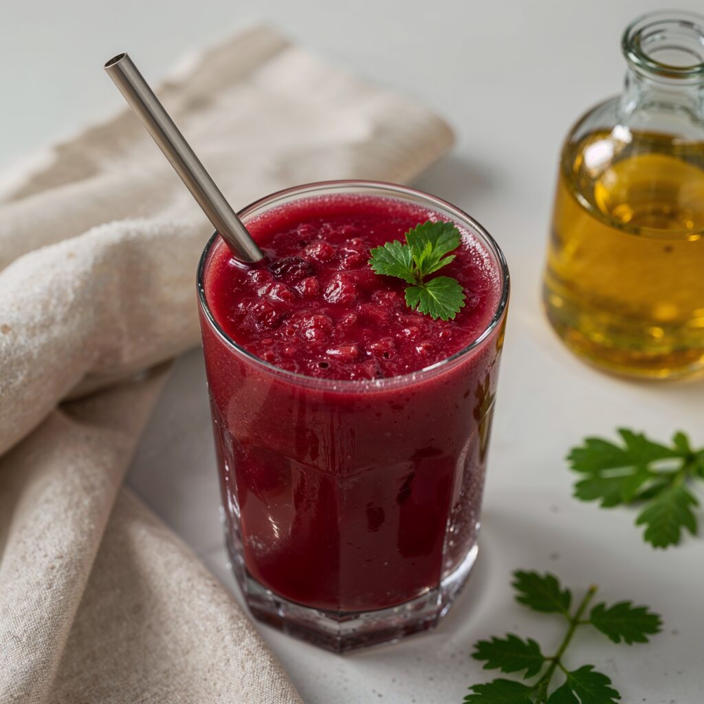 Detox beetroot juice served in a clear glass with a stainless steel straw and parsley garnish ideal for liver support during Librium alcohol detox.