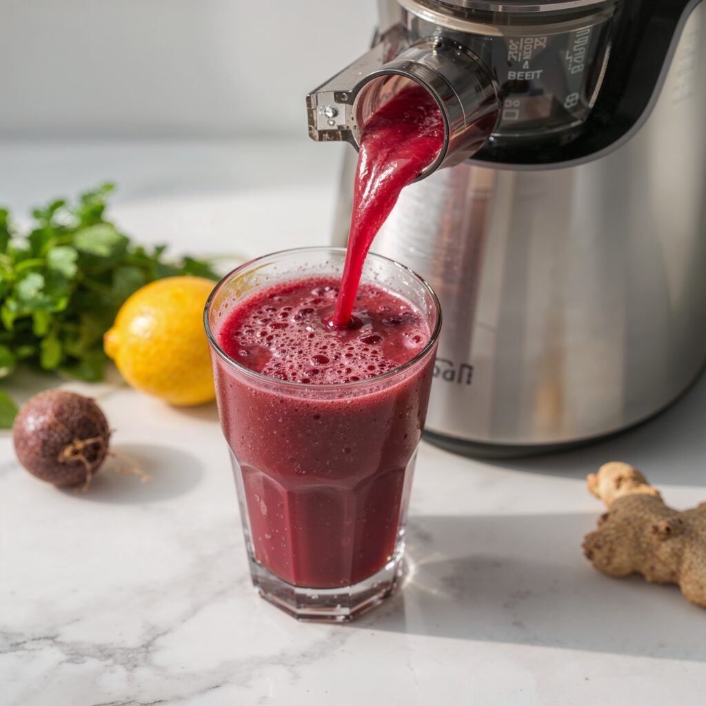 Glass of freshly juiced beetroot detox drink pouring from a juicer with lemon, parsley, and ginger in the background ideal for Librium alcohol detox support.