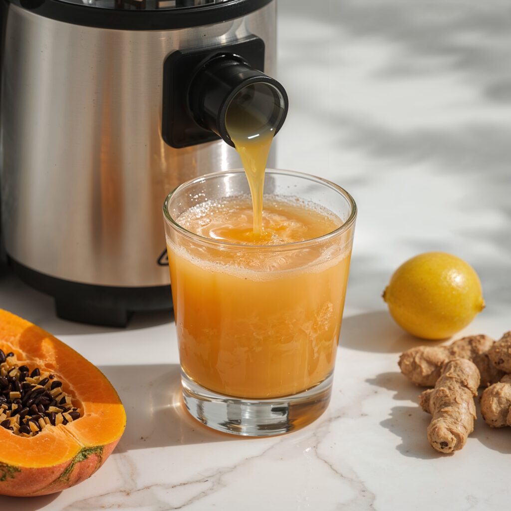 Fresh Parasite Detox Juice with Papaya and Pineapple being poured into a glass, surrounded by lemon and ginger.