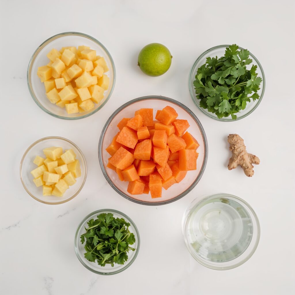 Ingredients for Parasite Detox Juice with Papaya and Pineapple including ginger, lime, parsley, and water.