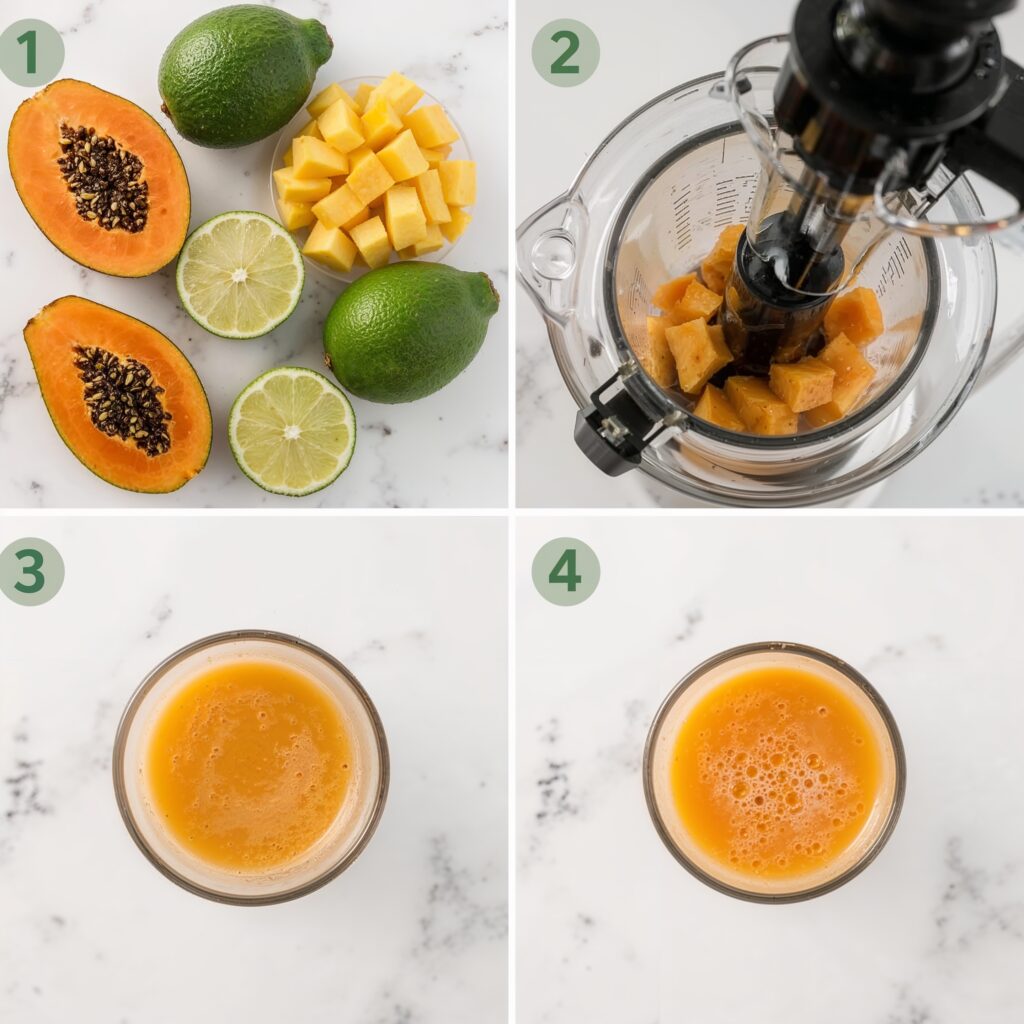 Step-by-step process of making Parasite Detox Juice with Papaya and Pineapple using lime and a slow juicer.