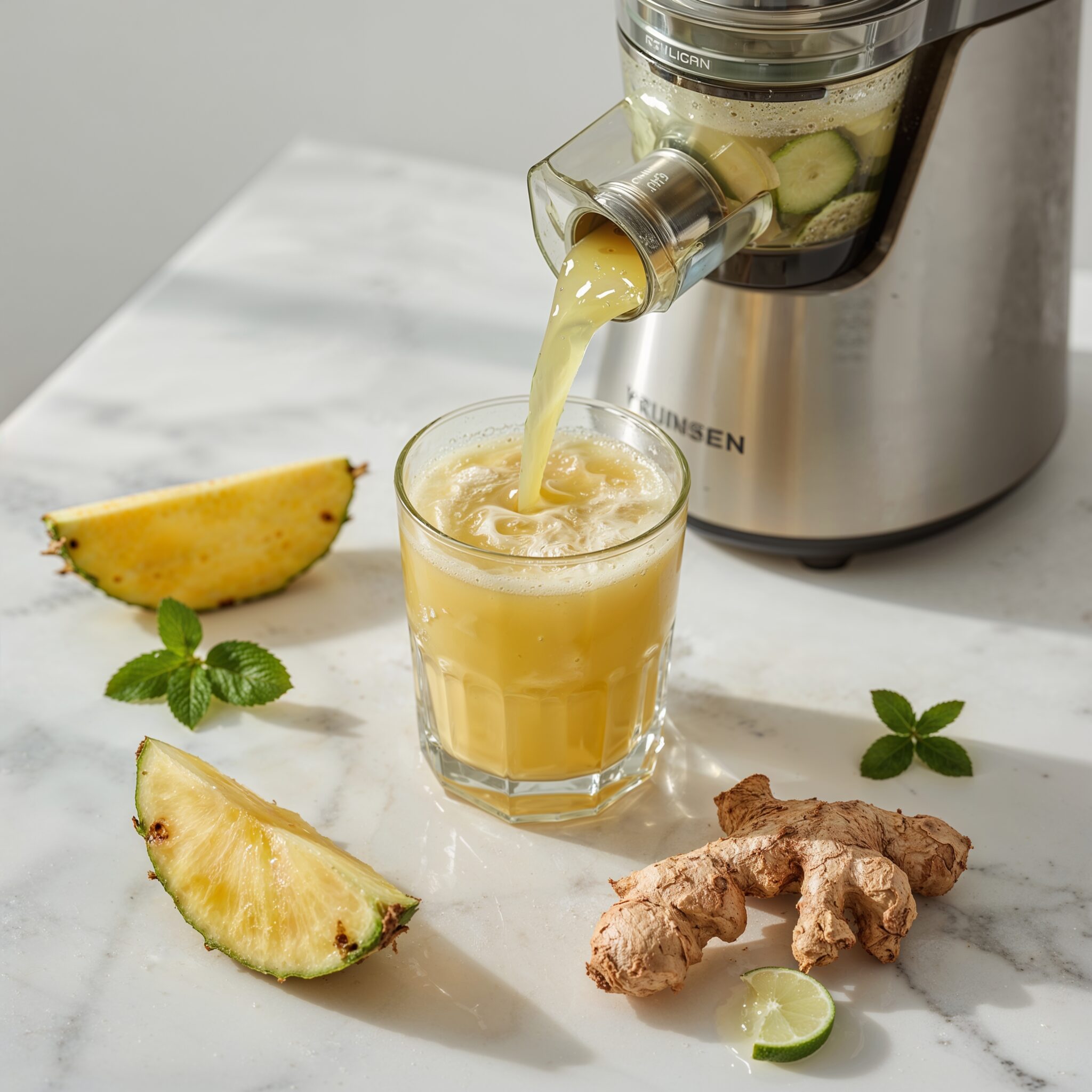 Detox juice made from pineapple, cucumber, ginger, lime, and water being extracted into a clear glass on a white marble countertop with fresh ingredients nearby.