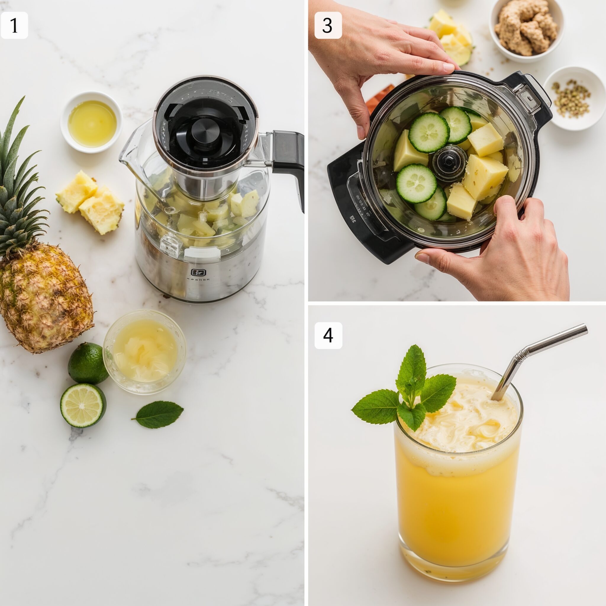2x2 collage of pineapple detox juice preparation with pineapple slices, cucumber chunks, ginger, lime juice, and mint, from raw ingredients to final juice.