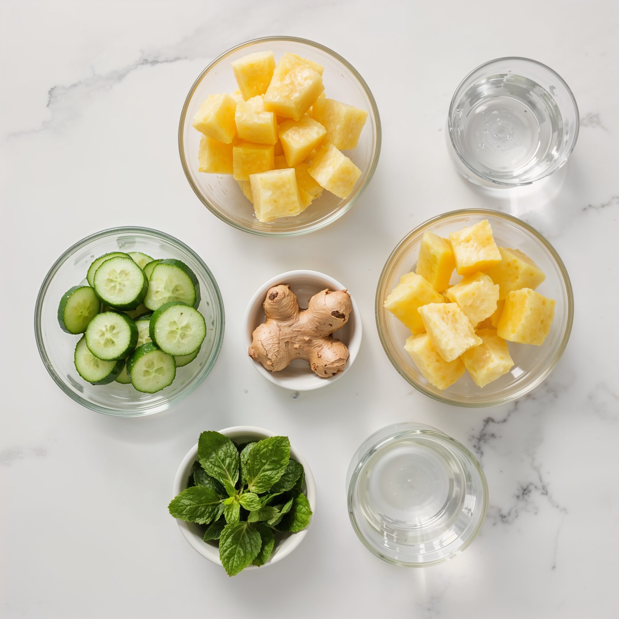 pineapple detox juice ingredients in glass bowls—pineapple slices, cucumber chunks, chopped ginger, lime juice, and fresh mint on white marble.