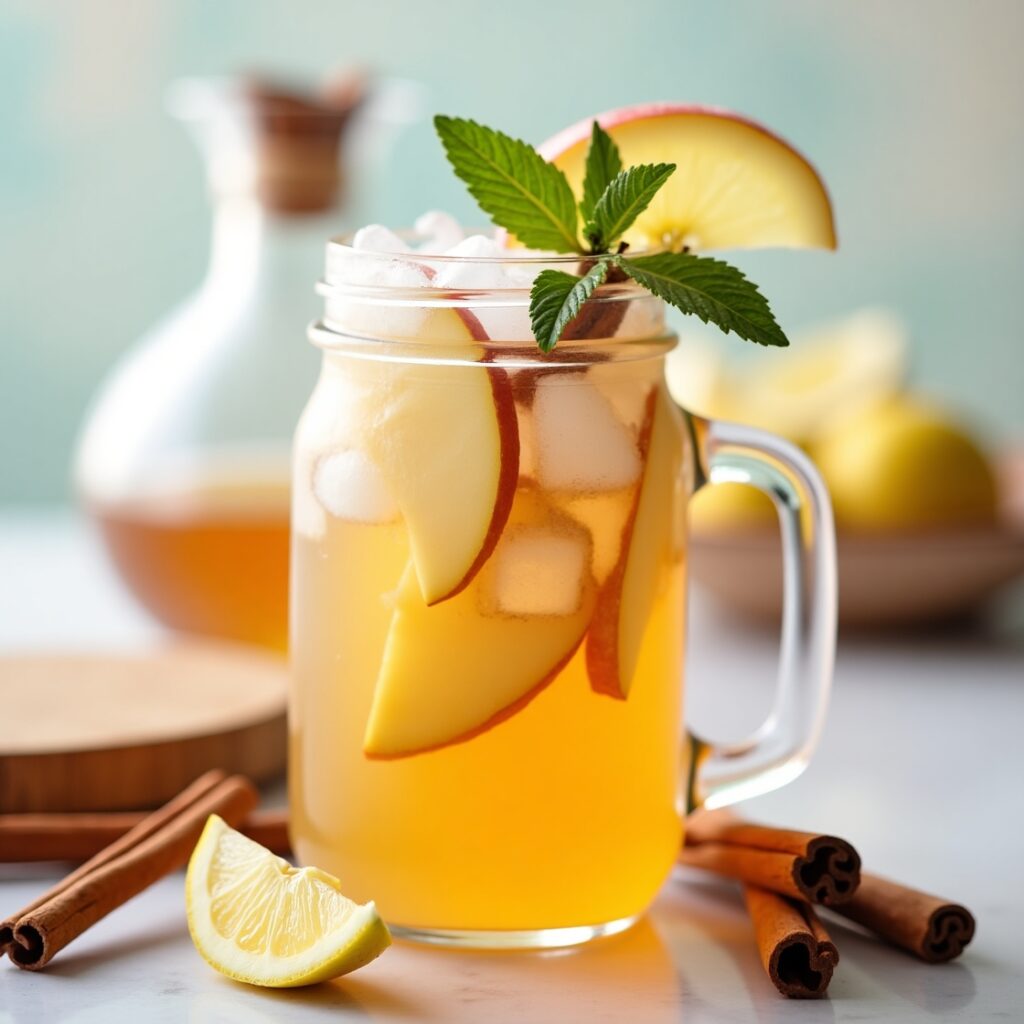 Chilled apple cider vinegar detox drink in a mason jar with ice, apple slices, mint garnish, and cinnamon sticks on a marble surface.