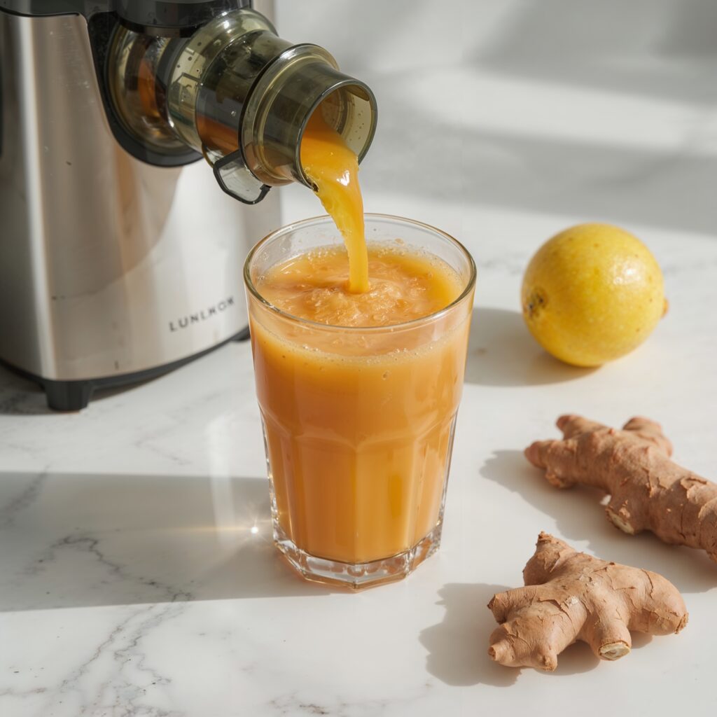 Freshly poured orange detox juice made with ginger and lemon ideal for same day detox drinks.
