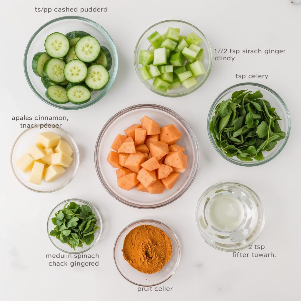 Flat lay of detox drink ingredients including sweet potato cubes, cucumber slices, celery, green apple chunks, leafy greens, turmeric powder, and lemon juice labeled for a same day detox drink recipe.