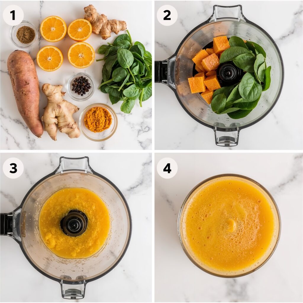 Step-by-step process of making a same day detox drink with sweet potato, spinach, turmeric, ginger, and orange in a food processor.