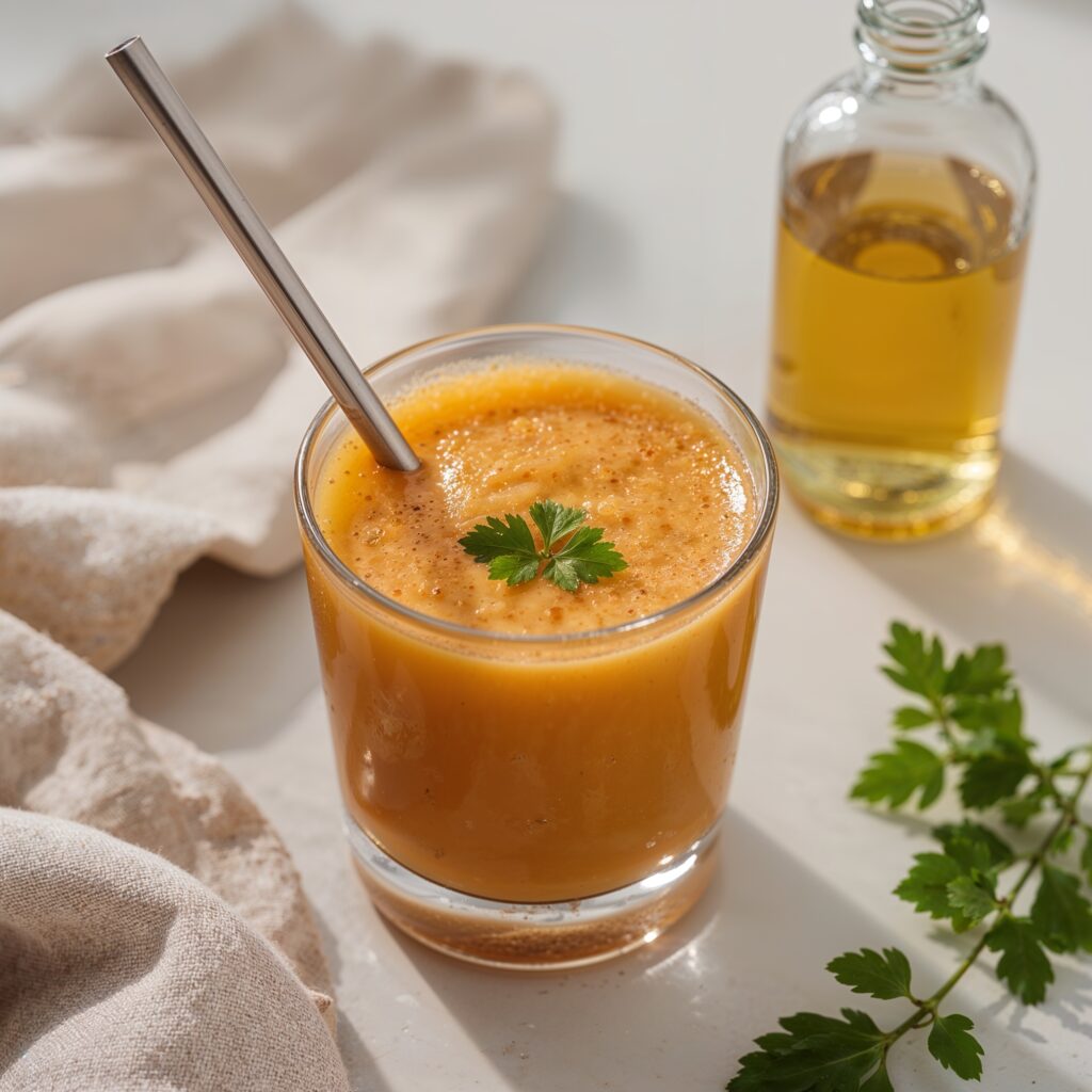 Glass of same day detox drink garnished with fresh parsley, served with a metal straw and accompanied by a bottle of oil on a sunlit table.