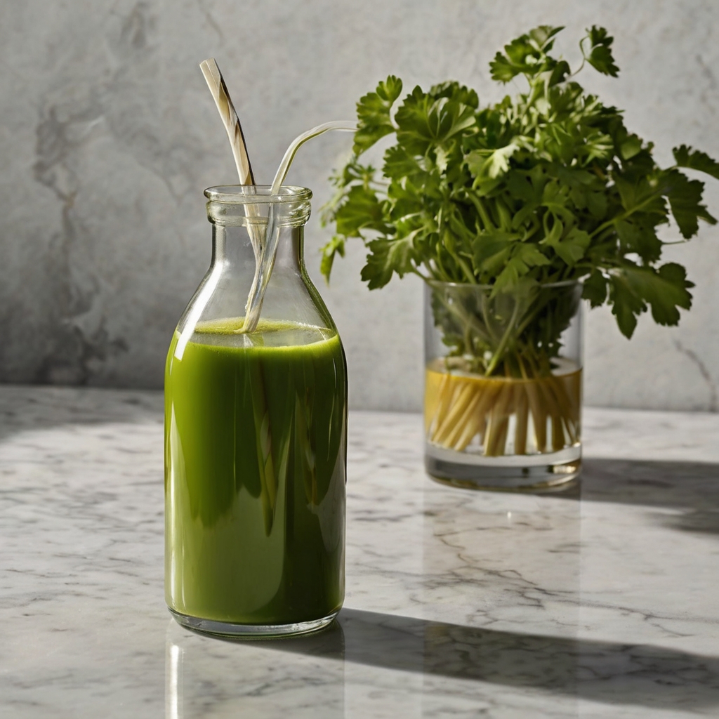 Glass bottle filled with vibrant green detox juice and stainless steel straw on marble counter, parsley in background ideal for detox drinks for opiates.
