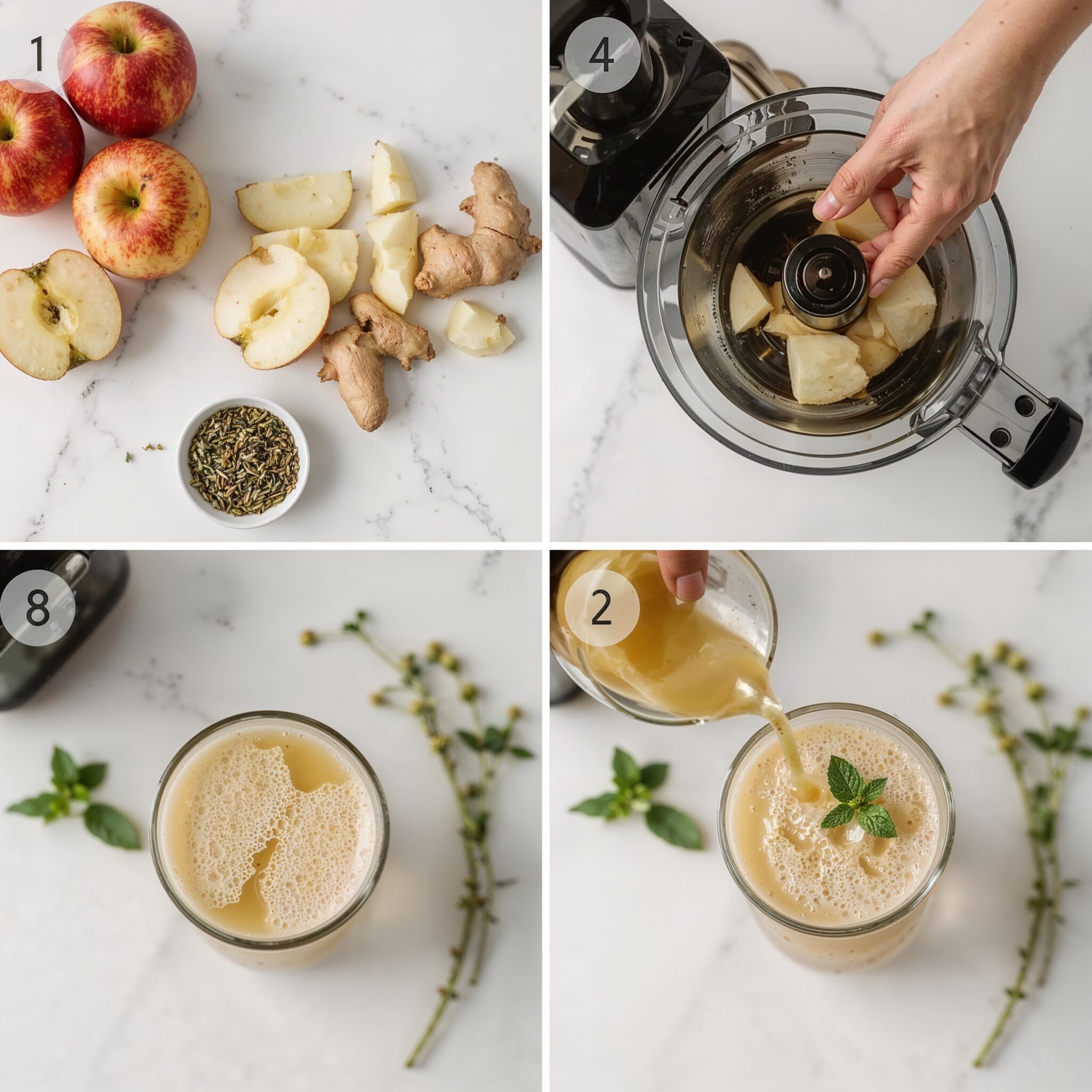 2x2 collage of colon cleanse juice preparation with apple slices, ginger, chamomile tea, and mint—showing ingredients, juicing, and final glass.