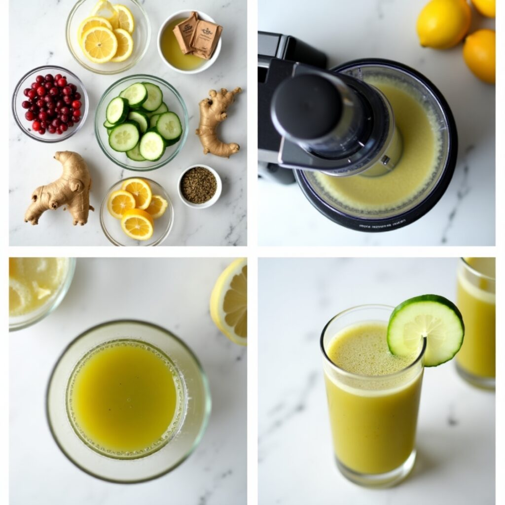 Step-by-step collage showing detox drink preparation for opiate recovery with ginger, lemon, cranberry, green tea, and cucumber on a marble countertop.