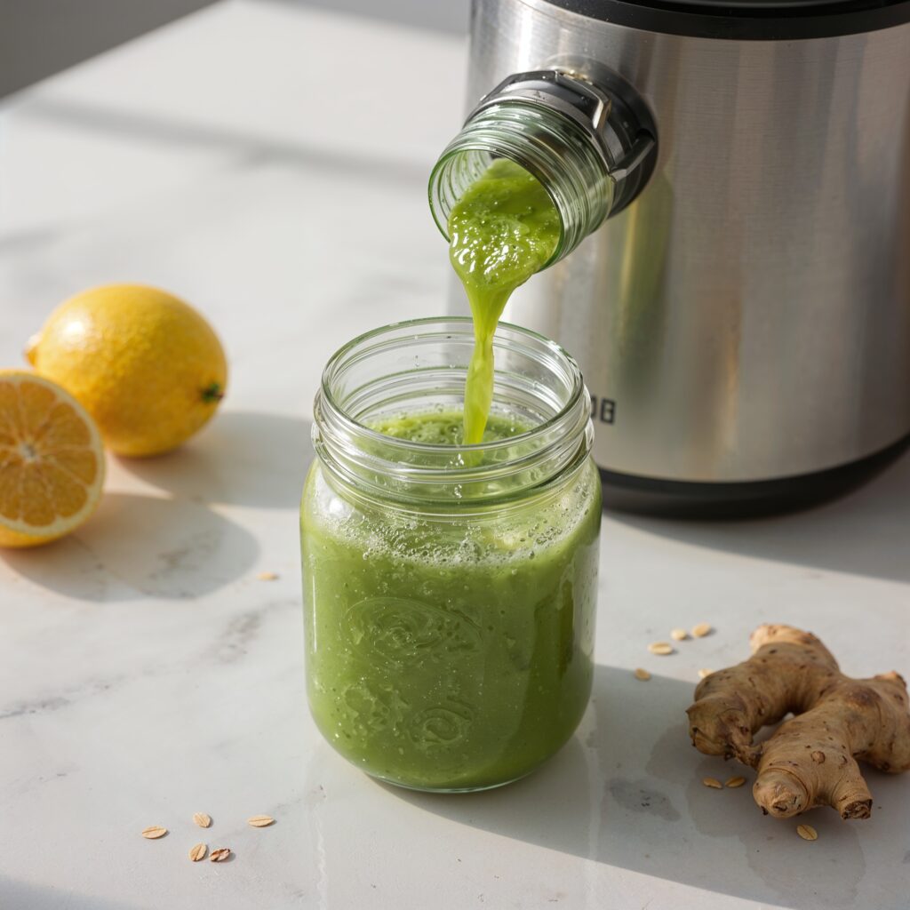 Green THC detox juice being poured into a mason jar from a juicer, with lemon, ginger, and oats nearby on a marble countertop.