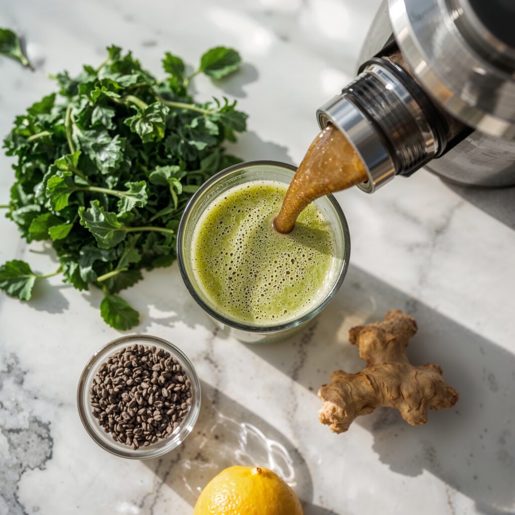Green THC detox juice being poured into a glass, surrounded by fresh kale, ginger, chia seeds, and lemon on a marble surface.