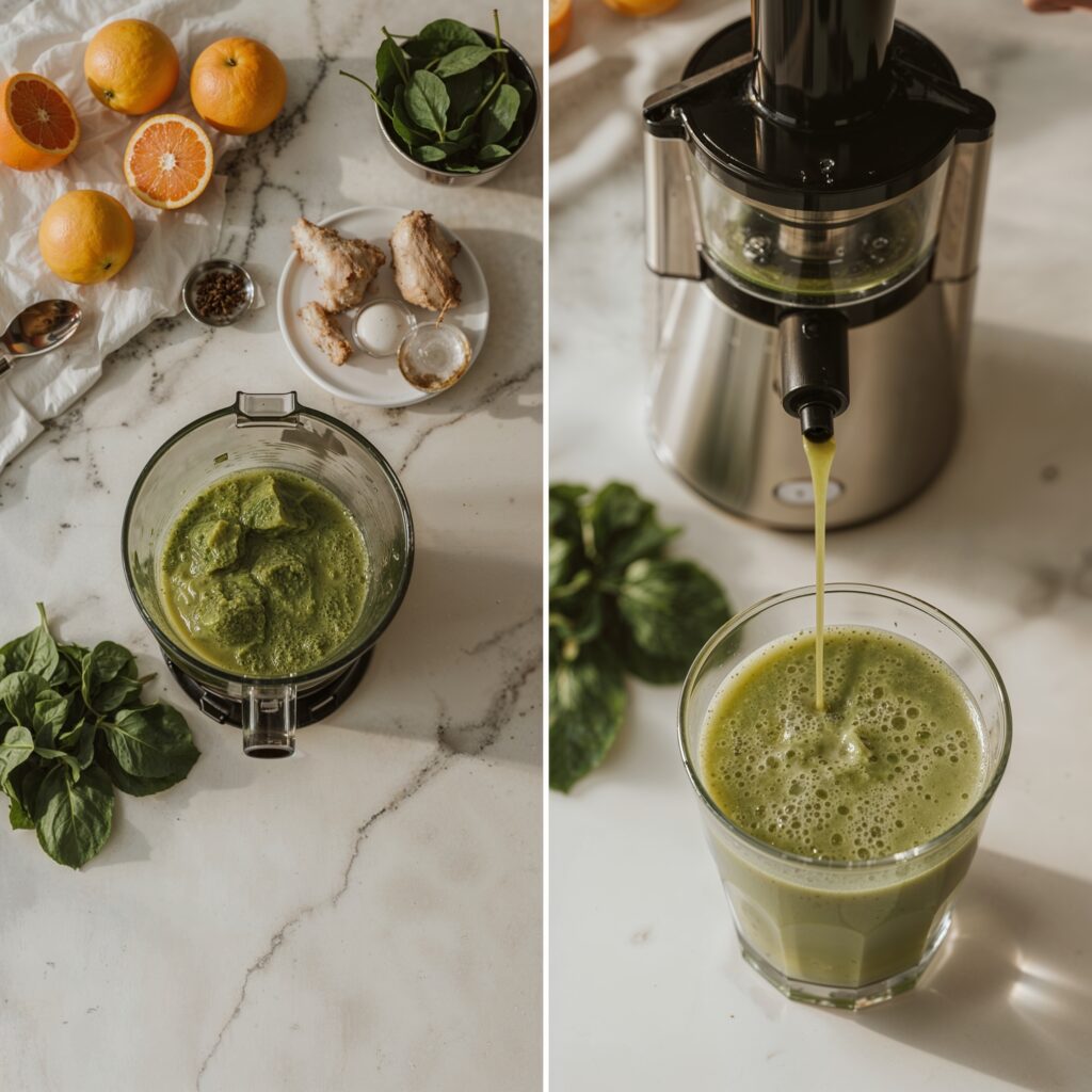 THC detox juice preparation with spinach, oranges, ginger, and a juicer on a marble counter, shown in a two frame collage.