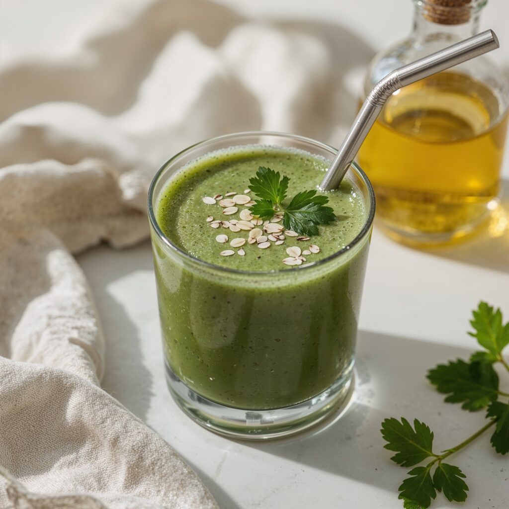 A glass of green THC detox smoothie garnished with oats and parsley, served with a stainless steel straw on a white surface.