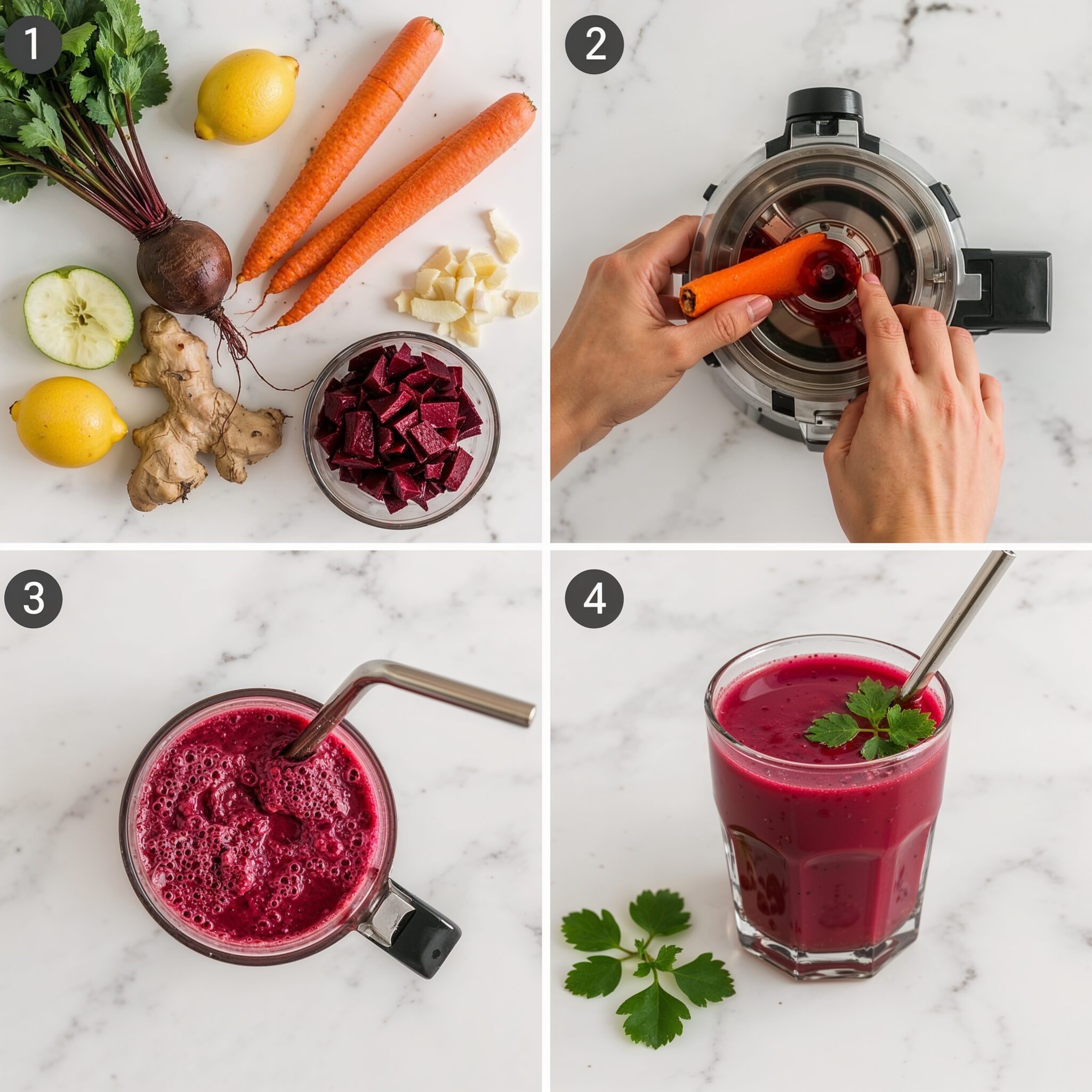 A 2x2 collage of detox liver juice preparation showing beets, carrots, lemon, apple, and ginger from fresh ingredients to juicing and final glass.