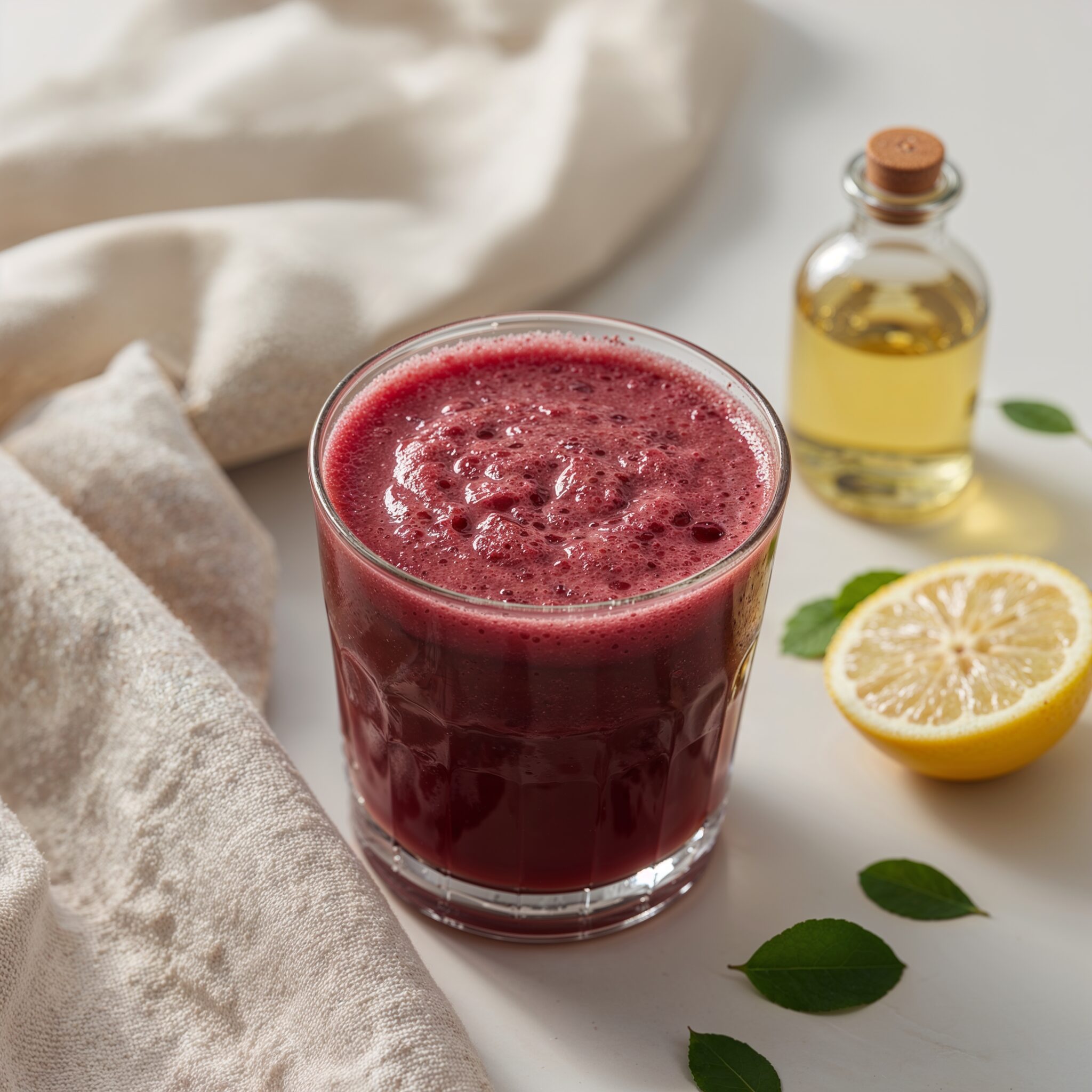 Close-up of detox liver juice made from beets, carrots, lemon, apple, and ginger in a clear glass with a stainless steel straw and parsley garnish.