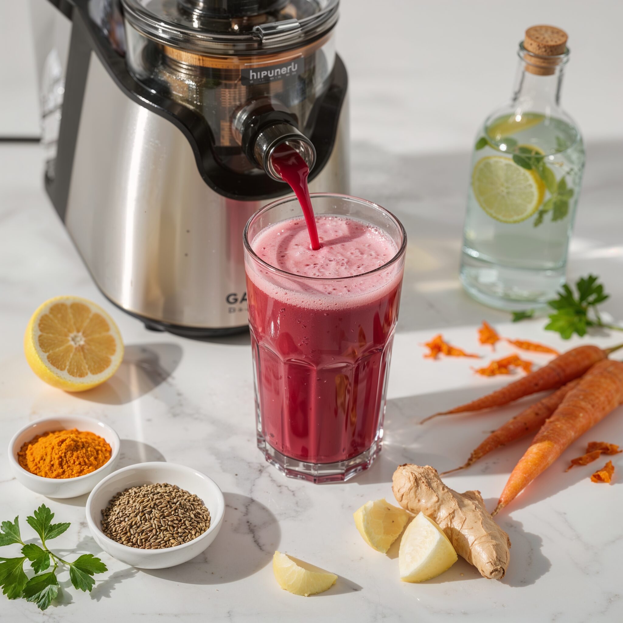 Detox juice made from beets, carrots, lemon, and ginger being extracted into a clear glass, surrounded by flaxseeds, ,turmeric, garlic, and lemon water.