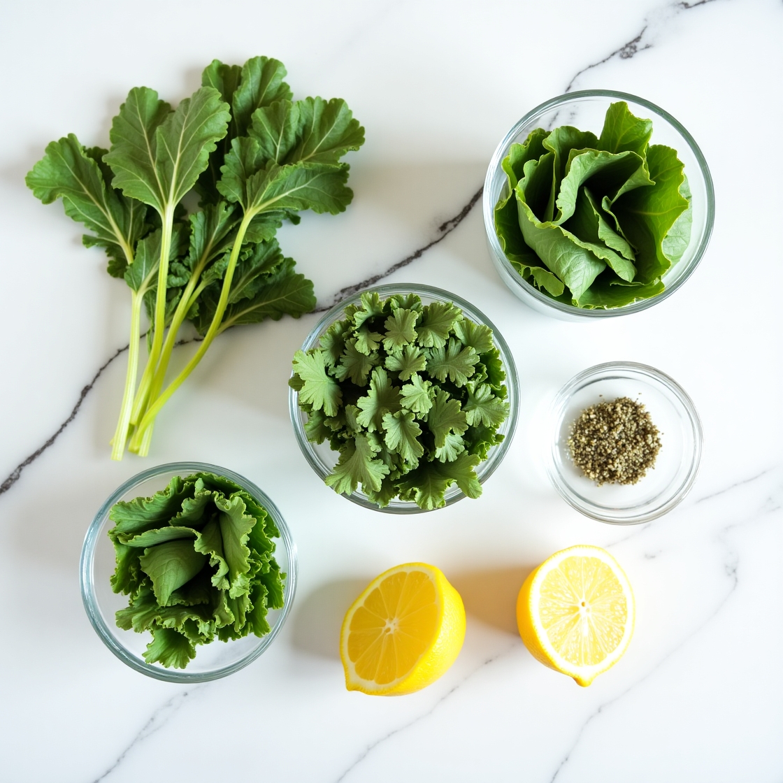 Fresh leafy greens, lemon halves, herbs, and spices arranged in glass bowls on a white marble surface detox ingredients flat lay.