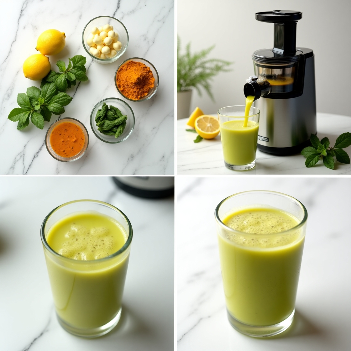 Four-step visual showing turmeric, lemon, and mint ingredients, juicing process, pouring, and final yellow detox drink served in a glass.