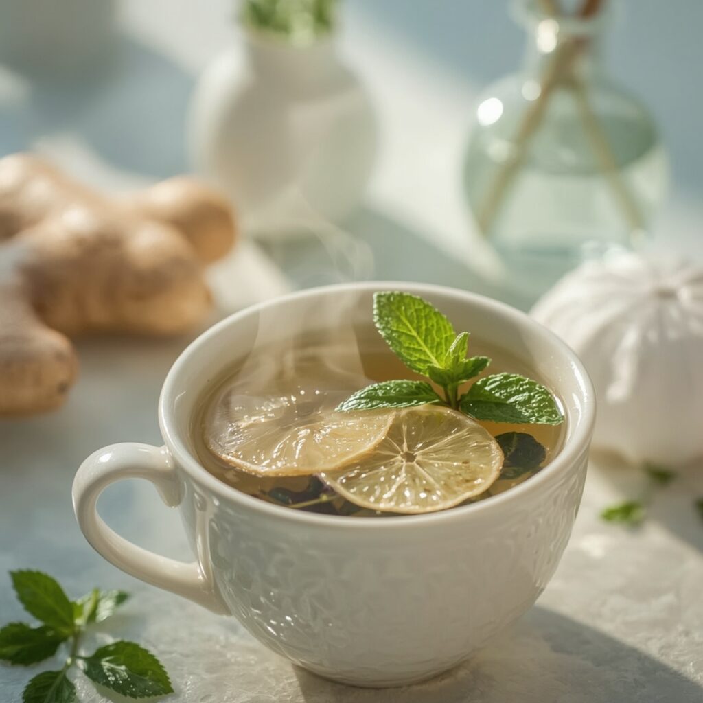 Steaming cup of herbal good detox tea with ginger, mint, and lemon balm leaves