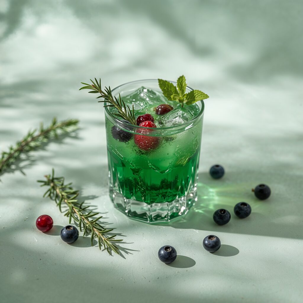 Glass of adaptogen prebiotic antioxidant phytonutrient drink with berries and mint